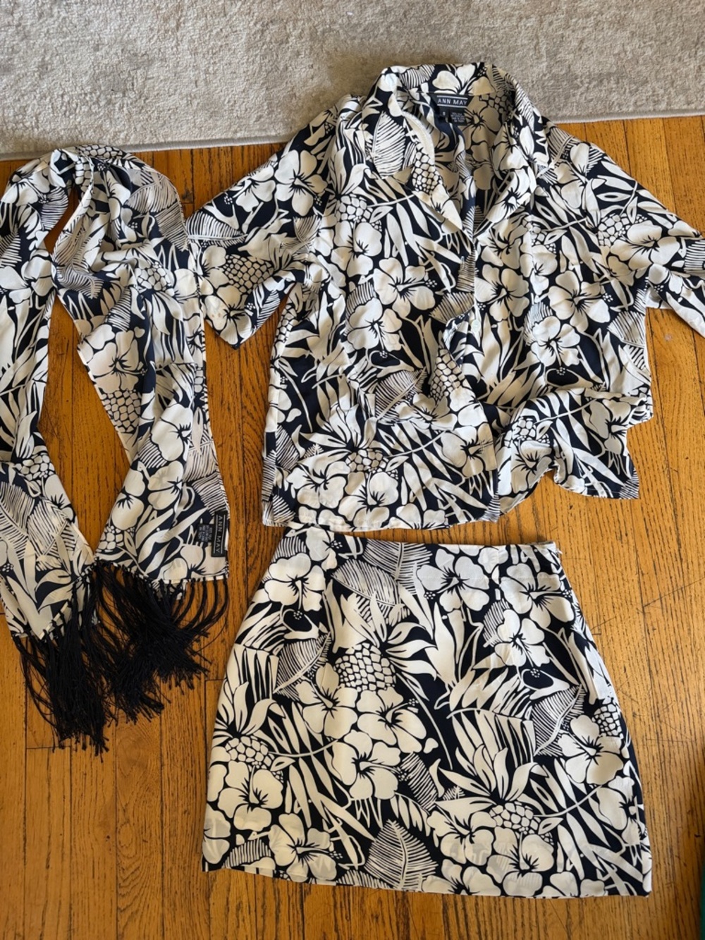 Black & White Floral Two-Piece Set with Fringe Scarf